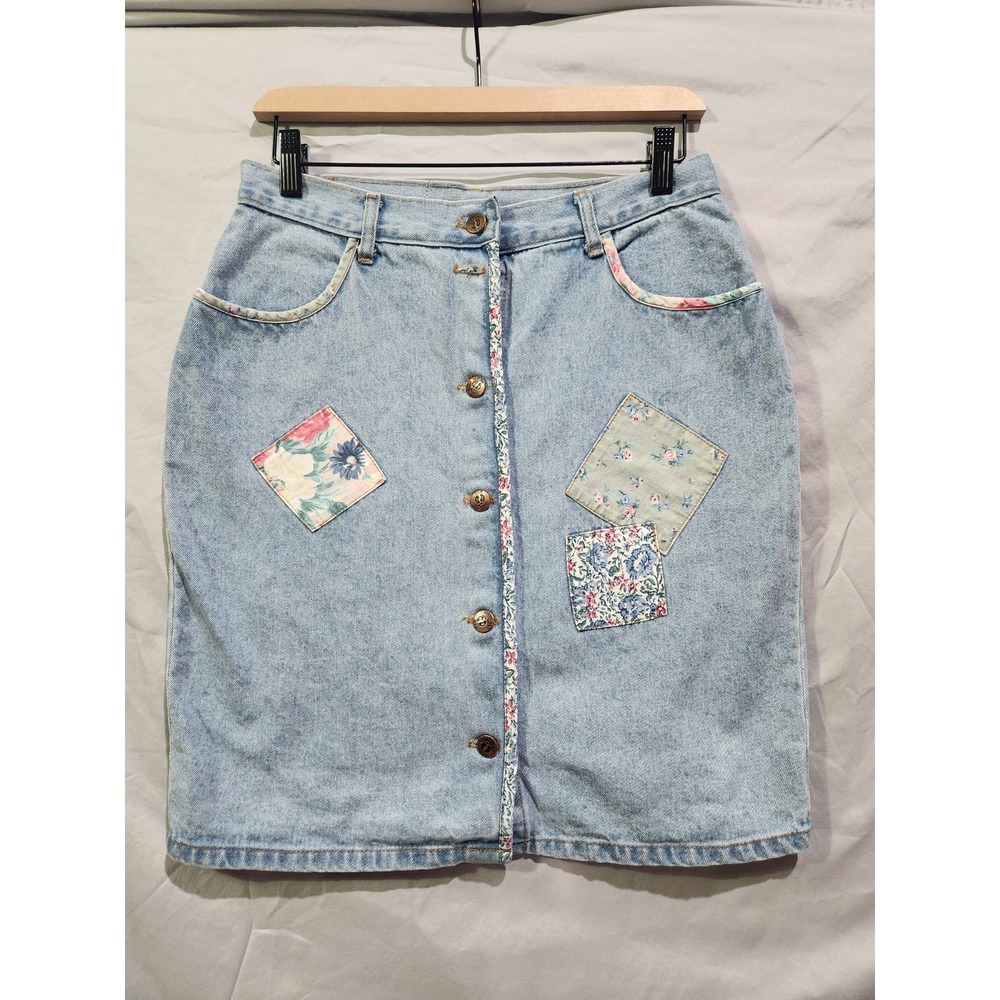 VTG Y2K Hangten Button Up Denim Skirt with Floral Patches 11/12 30" Waist